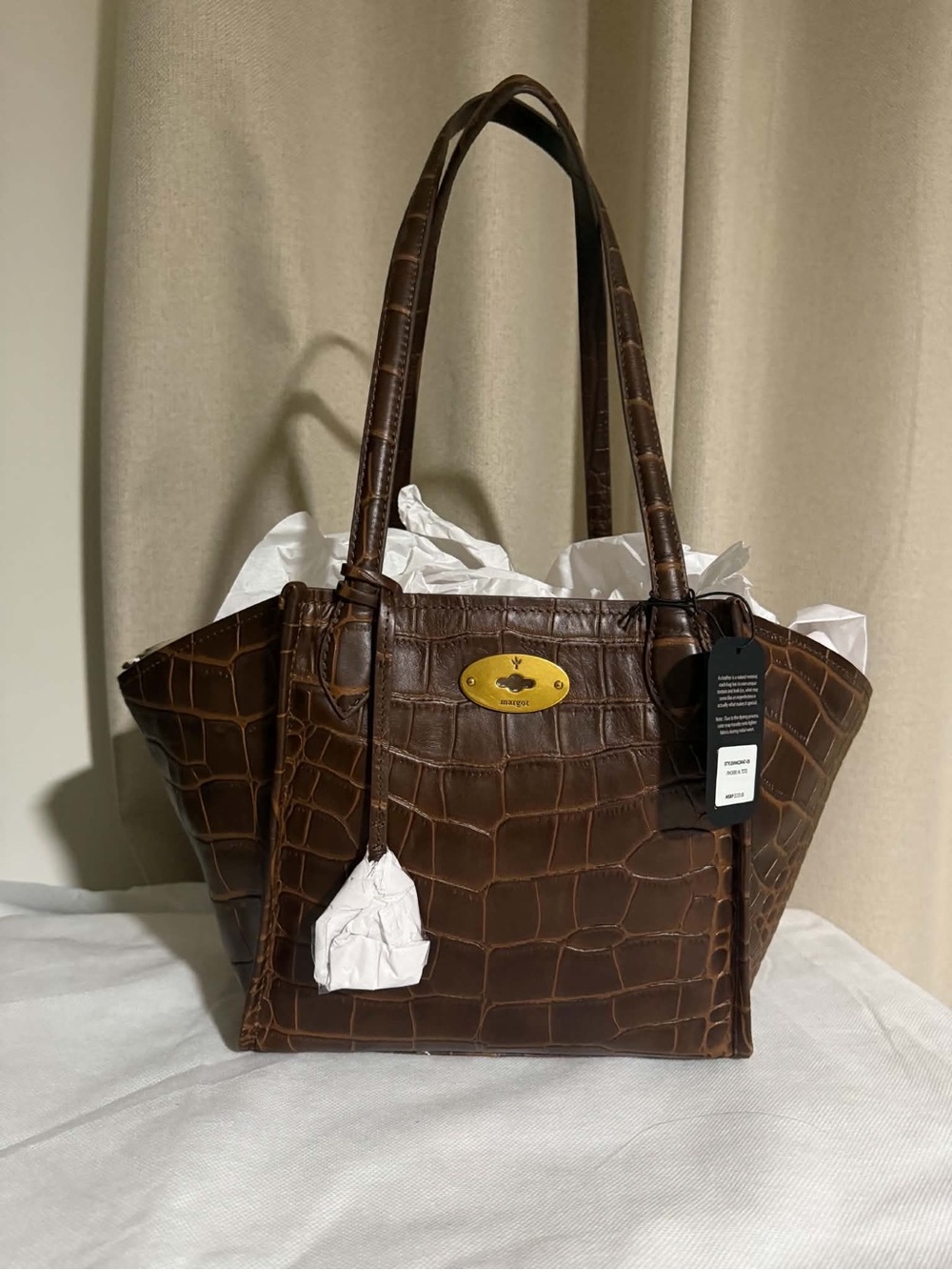 NWT Viral Margot Leather Croc-Embossed Tote Bag in Dark Brown